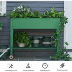 OUTSUNNY Jardinière Sur Pieds Potager Dim. 104L X 39l X 80H Cm étagère 2 Roues + Insert D'irrigation Métal Vert -Outsunny Eda Magasin 28443744 4