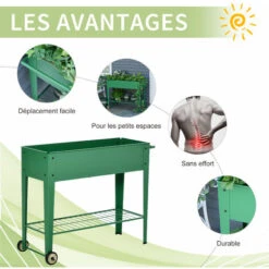 OUTSUNNY Jardinière Sur Pieds Potager Dim. 104L X 39l X 80H Cm étagère 2 Roues + Insert D'irrigation Métal Vert -Outsunny Eda Magasin 28443744 5
