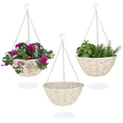 Relaxdays Suspension Pour Plantes, Lot De 3, Panier Tressé En Rotin, Fait Main, Pot De Fleur HxD 15 X 30 Cm, Nature