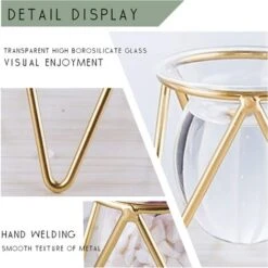 Porte-plantes Aériennes Décor En Métal Doré Pour La Maison Ensemble De 3 Mini-jardinières Géométriques Terrariums Vase En Verre Tillandsia Présentoirs Pour Femmes Vases Hydroponiques Pour Bureau (Gold -Outsunny Eda Magasin 40102778 4