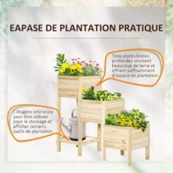 OUTSUNNY Jardinière Sur Pieds Carré Potager 3 étages Dim. 125L X 45l X 108H Cm Inserts D'irrigation étagère Bois Sapin Naturel -Outsunny Eda Magasin 48873244 4