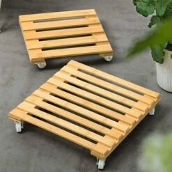 Lot De 2 Supports Pour Plantes En Bambou Avec Roues, Déménageur De Pots De Fleurs Pour Plantes Carrées Robustes, Pot De Fleur Mobile Pour L'extérieur Et L'intérieur -Outsunny Eda Magasin 49193315 3