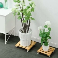 Lot De 2 Supports Pour Plantes En Bambou Avec Roues, Déménageur De Pots De Fleurs Pour Plantes Carrées Robustes, Pot De Fleur Mobile Pour L'extérieur Et L'intérieur -Outsunny Eda Magasin 49193315 4
