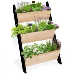 Jardinière échelle FREDDY 110 CM 3 Bacs Bois Et Noir Potager Pour Jardin Et Balcon