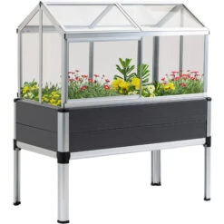 OUTSUNNY Mini Serre Sur Pieds Dim. 113L X 61l X 128H Cm - 4 Lucarnes, 2 Portes Coulissantes - Piètement Structure Alu. PVC Aspect Bois Gris Polycarbonate