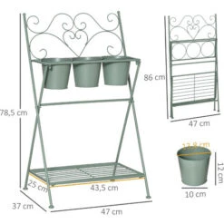 OUTSUNNY Étagère à Fleurs 2 Niveaux Style Rural Chic - Pliable - 3 Pots De Fleurs Inclus, étagère - Métal époxy Anticorrosion Vert D'eau -Outsunny Eda Magasin 52444454 3