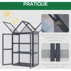 OUTSUNNY Mini Serre De Jardin En Polycarbonate Cadre En Bois 3 Niveaux Dim. 70,5L X 42l X 132H Cm Double Porte Aérations Réglables Gris -Outsunny Eda Magasin 53569991 5