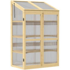 OUTSUNNY Mini Serre De Jardin En Polycarbonate Cadre En Bois 3 étagères Dim. 80L X 50l X 130H Cm Double Porte Toit Ouvrant Bois De Sapin Autoclave