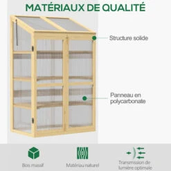 OUTSUNNY Mini Serre De Jardin En Polycarbonate Cadre En Bois 3 étagères Dim. 80L X 50l X 130H Cm Double Porte Toit Ouvrant Bois De Sapin Autoclave -Outsunny Eda Magasin 53569992 4