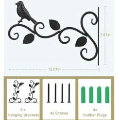 Lot De 2 Supports Pour Plantes Suspendues, 12 Pouces Suspension Mural Crochet Plante En Métal, Suspension D'Accessoires Pour Plantes Antirouille Et Robuste En Forme D'oiseaux, Noir， -Outsunny Eda Magasin 85351600 5