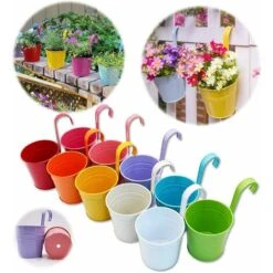 Large Metal Flower Pot Vase Bucket Hanging Garden Planter With Drainage Hole, Balcony Home Decor, Detachable Hook (10 Pcs With Assorted 10 Colours)