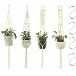 Suspension Plantes Macramé, 4 Pièces Macramé Panier De Supports De Plantes Avec 4 Crochets De Suspension, Tissés à Main Fleurs En Macramé Plant Hangers Pour Jardin Décor Intérieur Extérieur