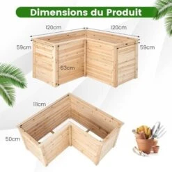 COSTWAY Carré Potager Jardinière En Bois De Sapin Base Ouverte En L, Jardinière Surélevée Pour Légumes Fruits, Pour Jardin Cour Pelouse, 120 X 120 X 62 Cm -Outsunny Eda Magasin 95979997 5
