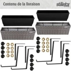 STILISTA Set De 2 Bacs à Fleurs En Poly Rotin 60 X 16 X 19 Cm, Y Compris Suspension Réglable Et Insert Amovible En Plastique, En 4 Couleurs Différentes, Gris -Outsunny Eda Magasin 96809555 3