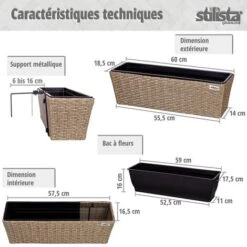 STILISTA Set De 2 Bacs à Fleurs En Poly Rotin 60 X 16 X 19 Cm, Y Compris Suspension Réglable Et Insert Amovible En Plastique, En 4 Couleurs Différentes, Gris -Outsunny Eda Magasin 96809555 4