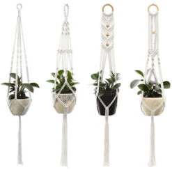 Suspension Plantes Macramé, 4 Pièces Macramé Panier De Supports De Plantes Avec 4 Crochets De Suspension, Tissés à Main Fleurs En Macramé Plant Hangers Pour Jardin Décor Intérieur Extérieur